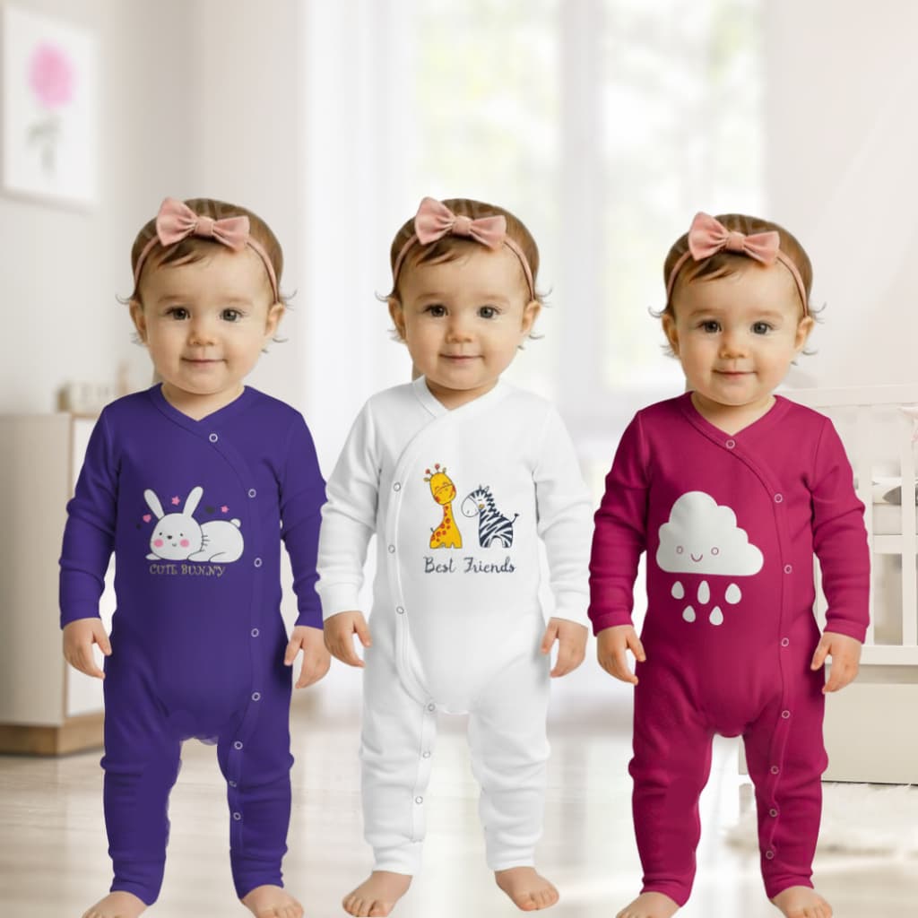 KIT Pijama de Bebê 3 peças de Macacão em Malha Manga Longa Infantil Estampado Divertido