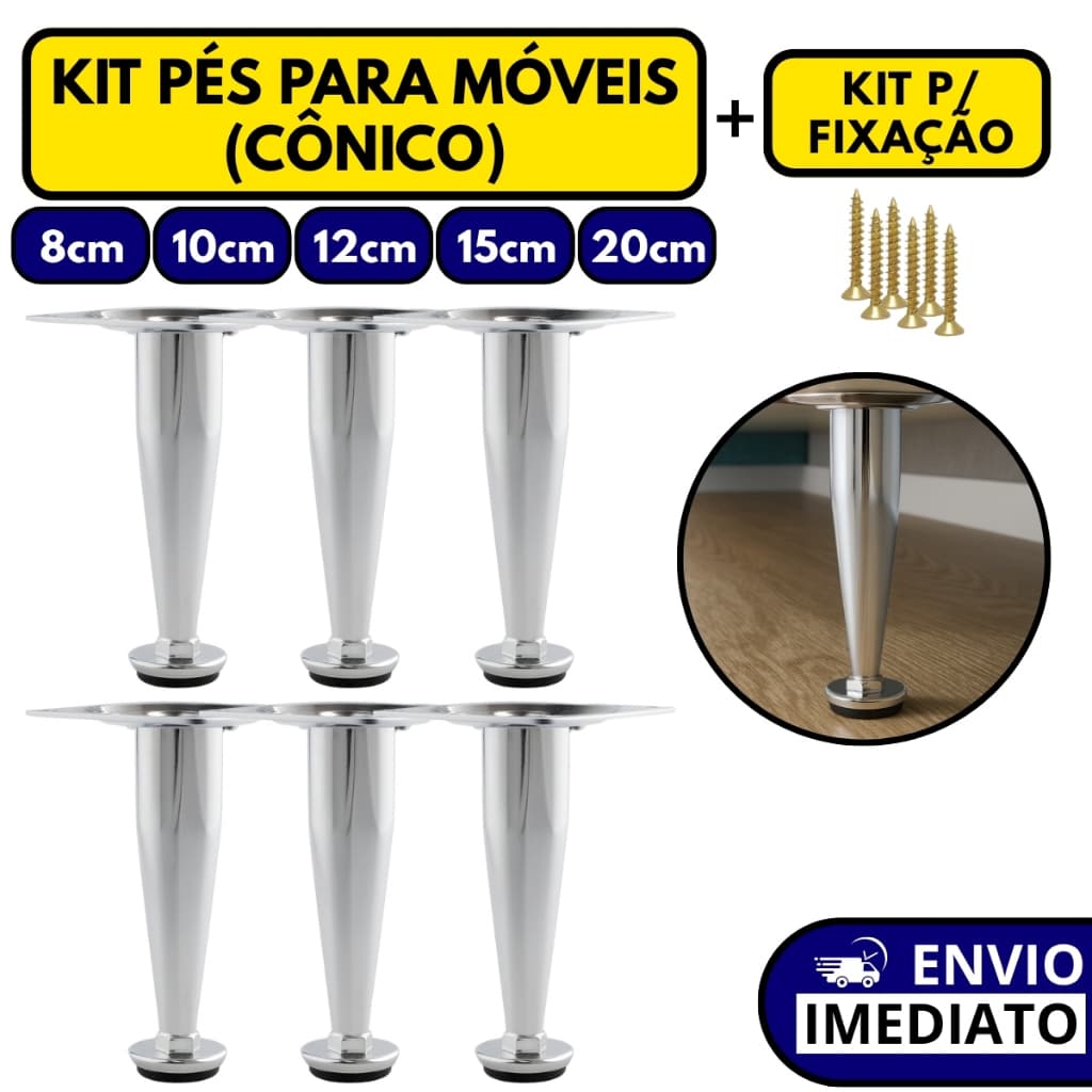 Kit Pés Para Móveis Regulável Cônico Cromado - 8cm | 10cm | 12cm | 15 cm | 20cm