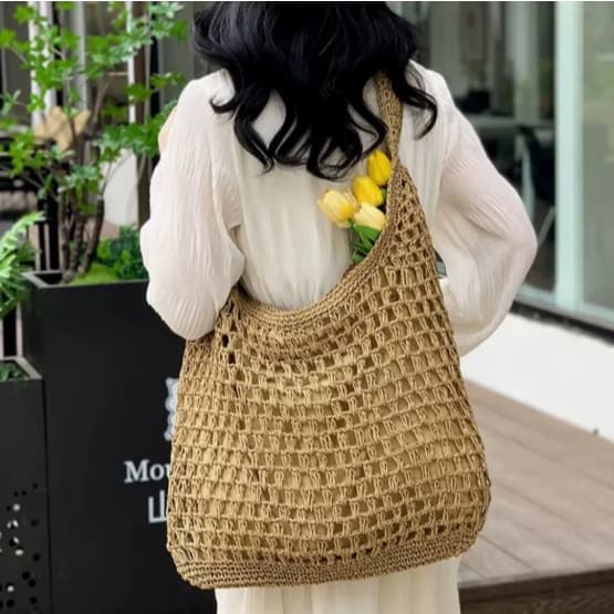 Bolsa Saco Artesanal em Crochê Grande Feminina Verão Praia Forrada Alça única