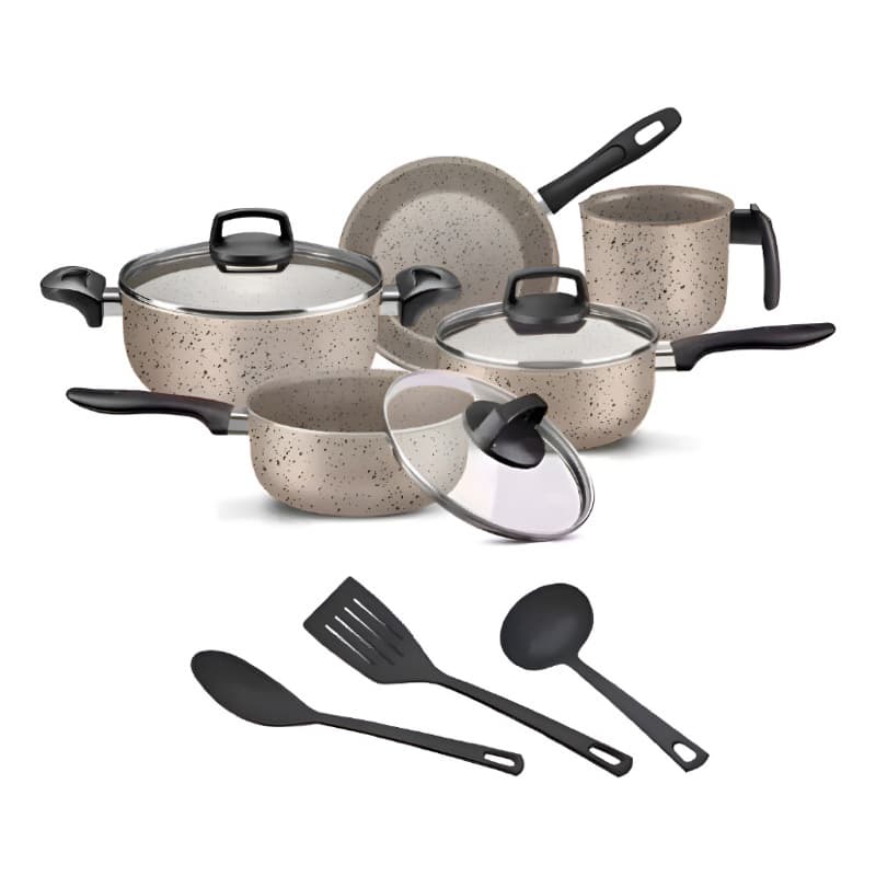 Jogo de Panelas 8 Peças Antiaderente Teflon com Tampa de Vidro Cor Vanilla Ceramic