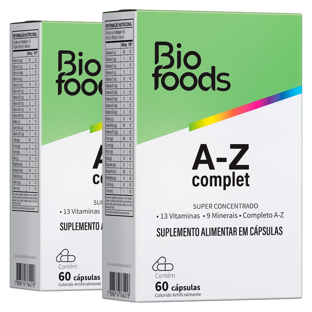 2x A-Z Complet 60caps de 600mg c/ 13 Vitaminas 9 Minerais Essenciais Suplemento Alimentar Completo