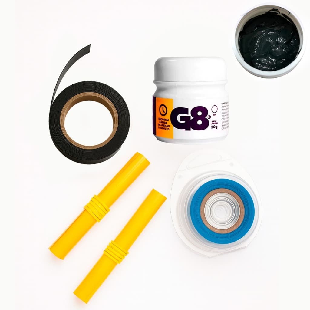 Kit Profissional Mega Hair – Cola G8 Preta, Papel Térmico, Fita Dupla Face e Pano Nanopele