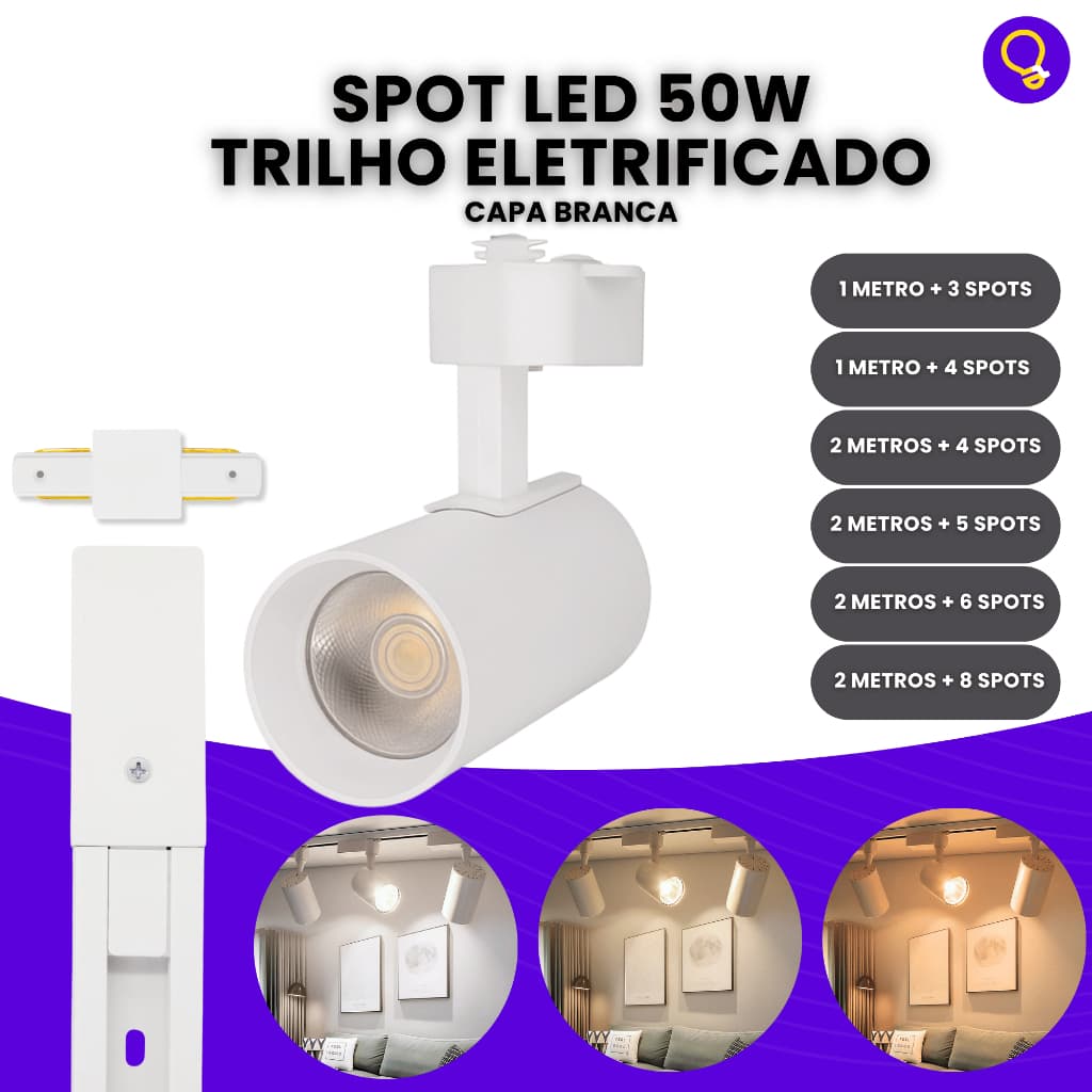 kit Trilho Branco com Spot LED 50W | Luz Branco Frio, Neutro ou Quente | Interno | Bivolt