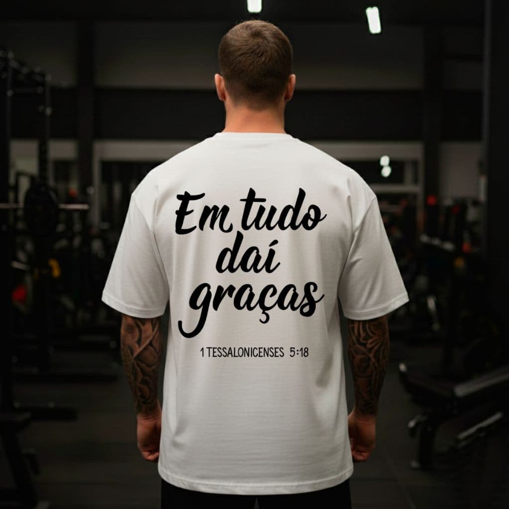 Camiseta Oversized Gospel Masculina Em Tudo Dai Graças Estampa Cristã Streetwear Premium Promoção