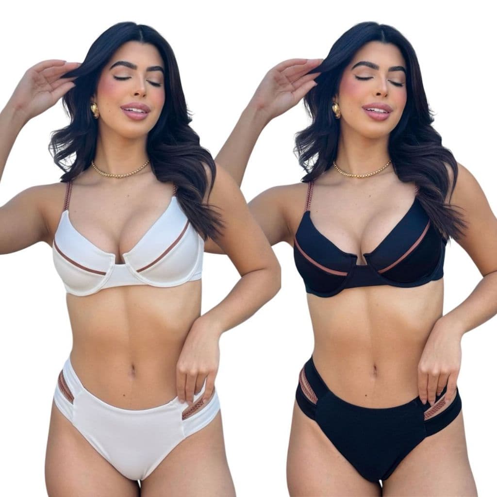 Biquíni Meia Taça c/ Detalhes na Alça Luxo e Calcinha Fio Duplo Hot Pant Tendência