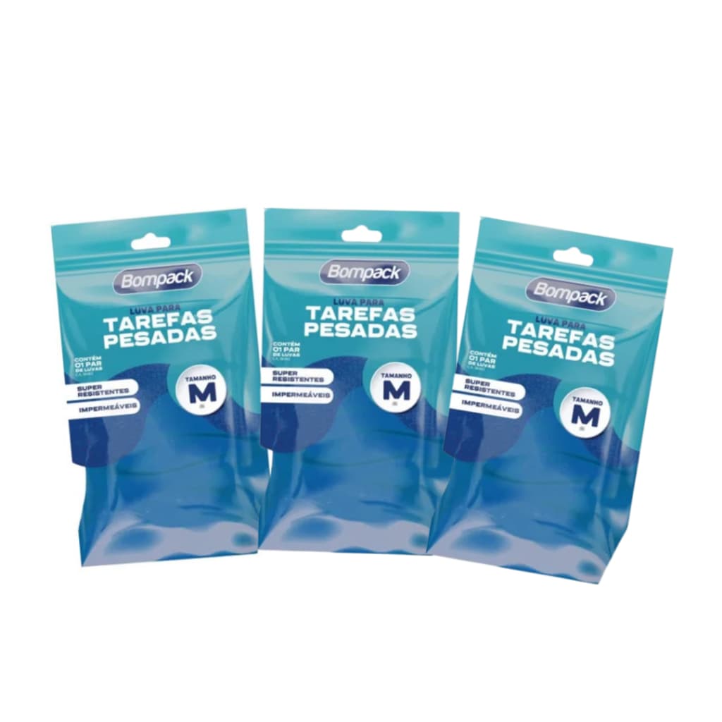Luva Látex Tarefas Pesadas Revestidas Verniz Bompack M Kit c/3  - Limpeza, Cozinha e Jardinagem