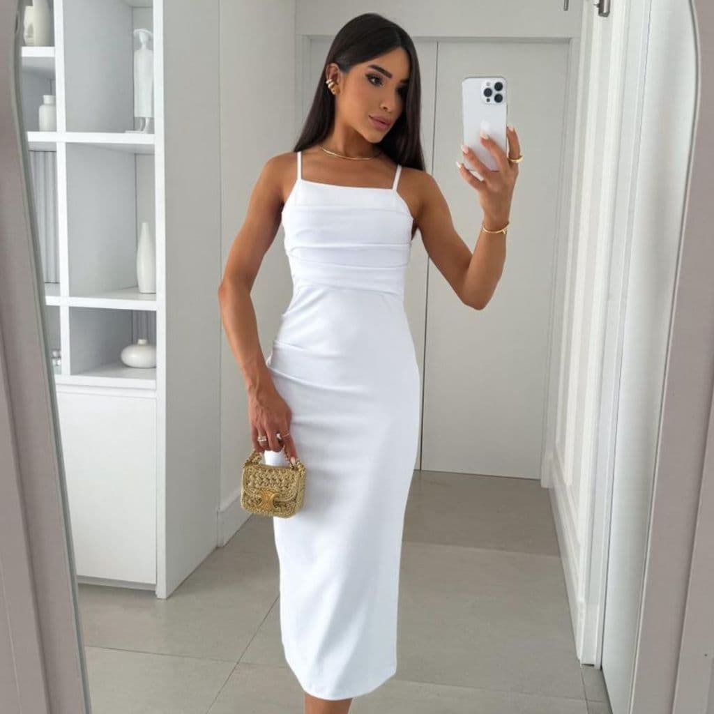 Vestido Liso Com Alças Finas Feminino Montaria Poliamida Tubinho Regular Moderno Envio Imediato
