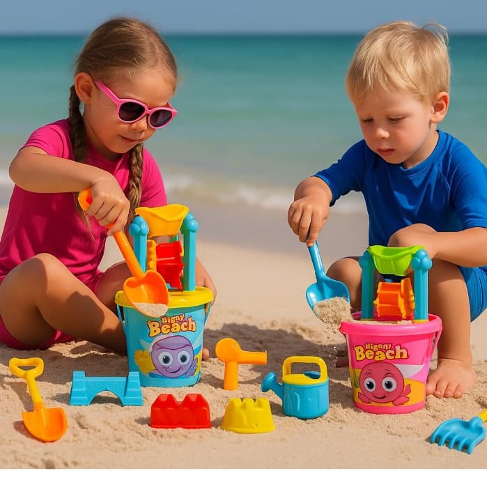 Baldinho de Praia Infantil Happy Beach Balde com Pá Rastelo e Moldes de Areia Brinquedo Educativo