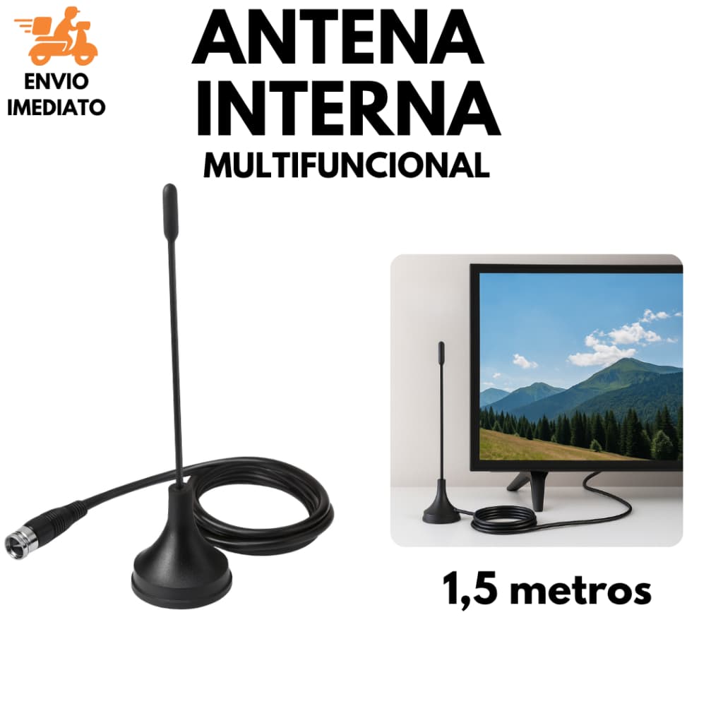 Antena de TV Interna Digital HDTV Full HD Sinal Forte, Fácil Instalação e Alta Captação 1,5 metros