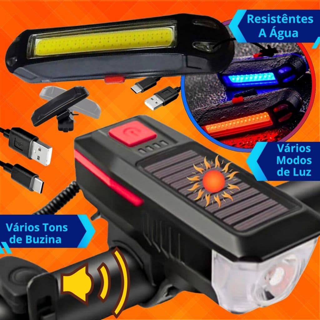 Lanterna Farol Solar Bike Buzina Iluminação Led Traseiro Ciclista