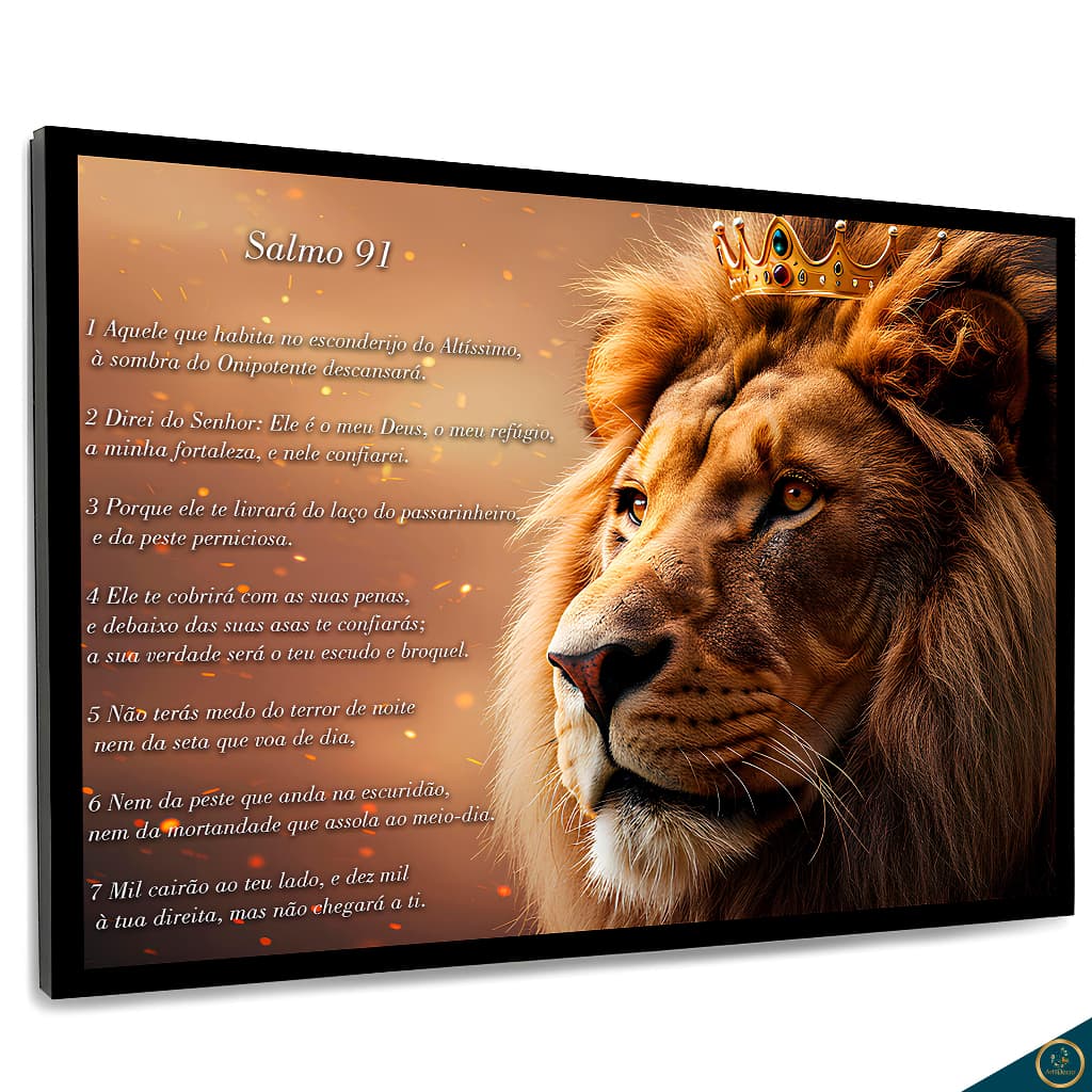 Quadro Decorativo Religioso Leão Coroa Salmo 91, 1 peça 70x50 3mm para casa Sala Quarto Escritório.