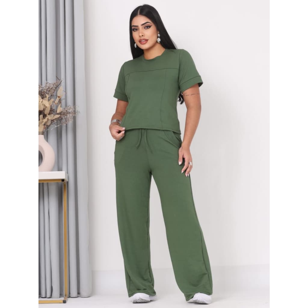 Conjunto camiseta friso e calça wide leg bolsos laterais e cordão, em Malha Viscose Premium, feminino, pantalona e blusa