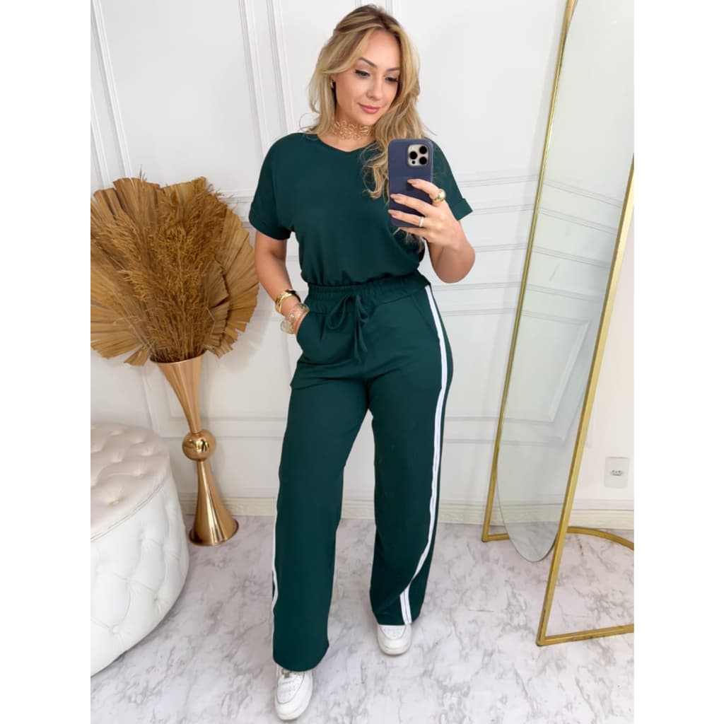 Conjunto listra lateral camiseta e calça wide leg bolsos com cordão, Malha Viscose Premium, feminino, pantalona e blusa