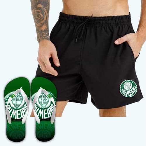 Kit Masculino Bermuda Short + Chinelo Verdão Esporte Tactel  Pro Dia-a-Dia  Lançamento