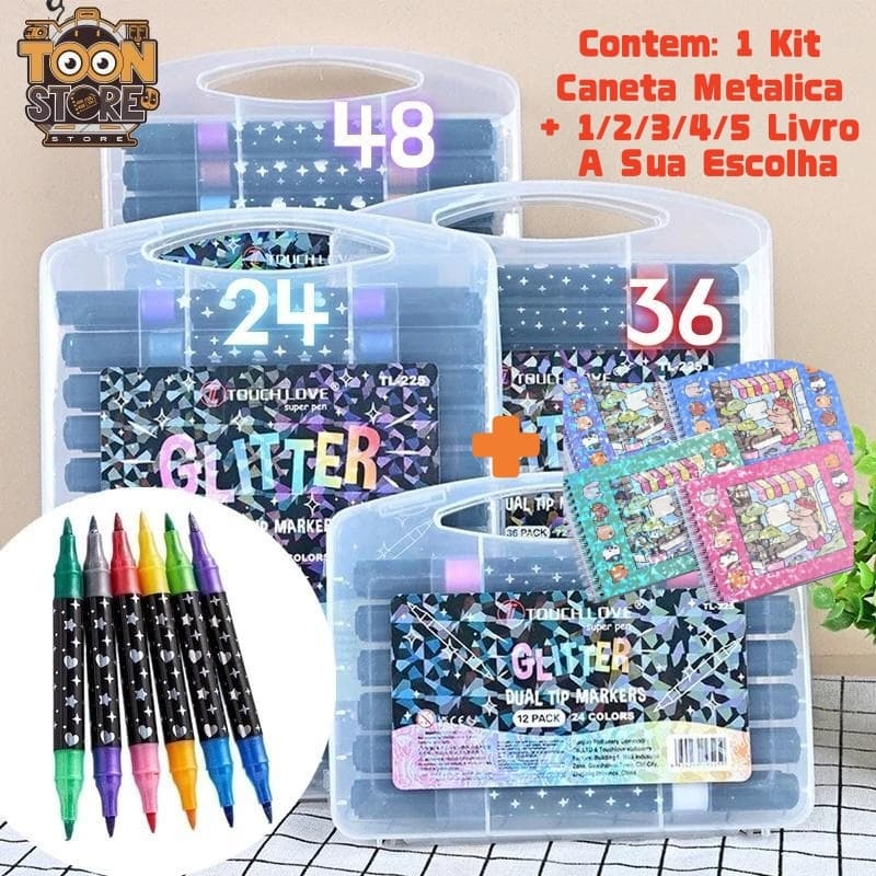 Kit Caneta Metálica 12/24/36/48 Canetas com 1 Um Livro Caderno Colorir de Urso Capa Dura 50 Página