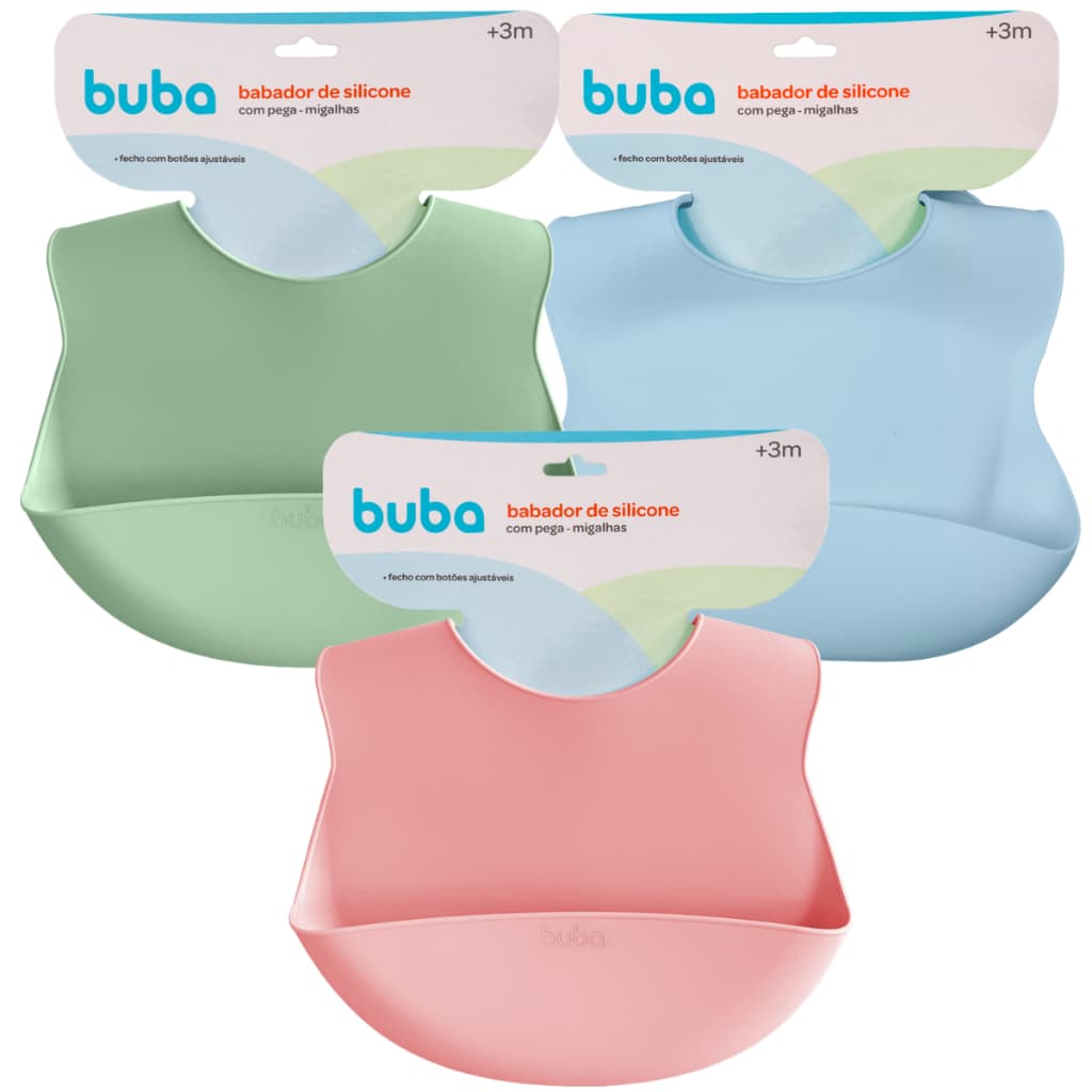 Babador Buba Silicone Pega Migalha C/ Bolso Impermeável Bebê Menino Menina Gumy Gumi Azul Rosa Verde