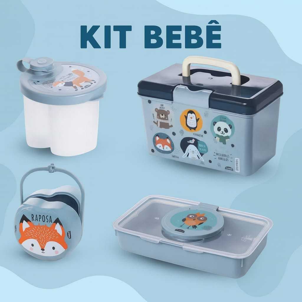 Kit 4 Peças Protetor De Chupeta + Caixa Organizadora Farmácia + Dosador De Leite Em Pó + Porta Lenços