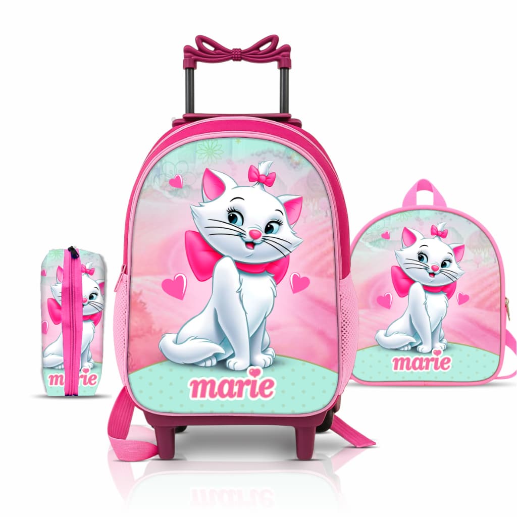 Kit Mochila escolar Gata Marie com Lancheira e Estojo - Carrinho de Rodinhas - Menina - Feminino