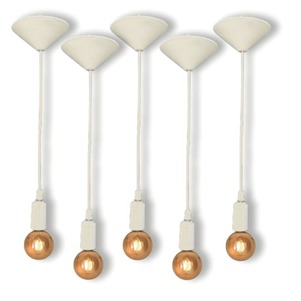 Kit 5 Fio Pendente Lustre Luminária de Teto Retrô Soquete Liso E27 Cabo PP Branco 1mt