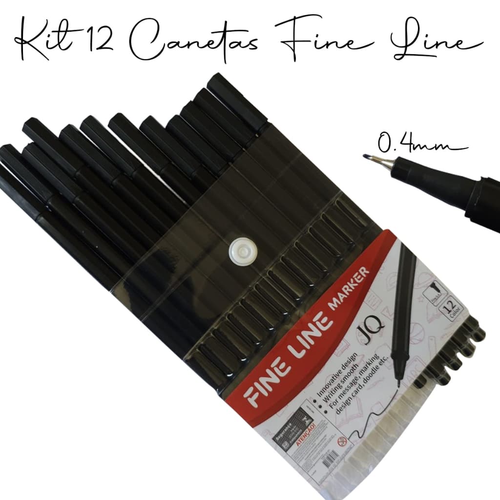 Kit 12 Canetas Pretas Fine Line Marker Ponta Fina 0.4 mm canetinhas Escrita Fina