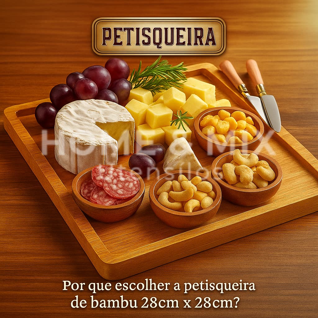 Tábua Petisqueira Bambu Cozinha Servir Frios Mesa Bandeja Quadrada Madeira Antibacteriano 25x25cm