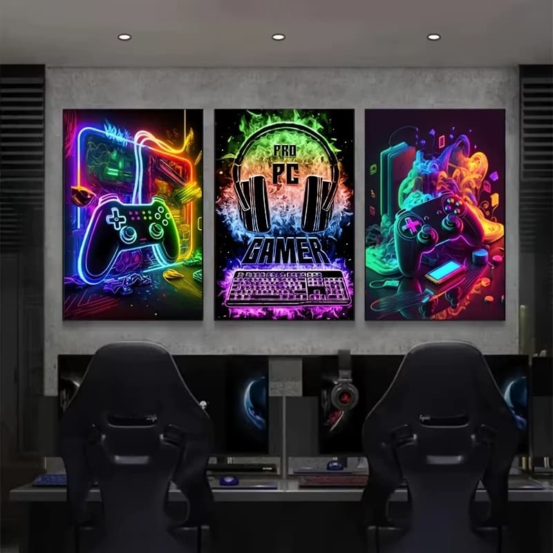 Quadros decorativos setup gamer neon controles fone teclado (3 peças)