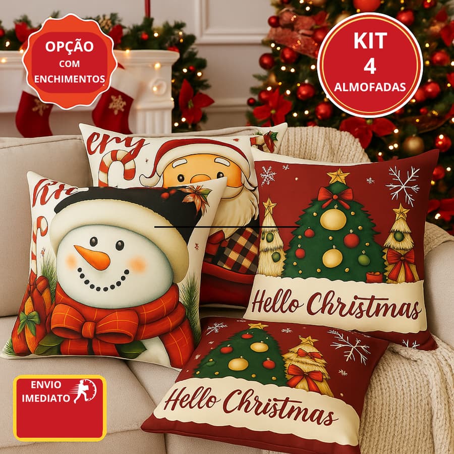 Kit 4 Almofadas Natalinas 45x45cm | Enfeites de Natal | Decoração de Natal para Sala, Sofá e Cama