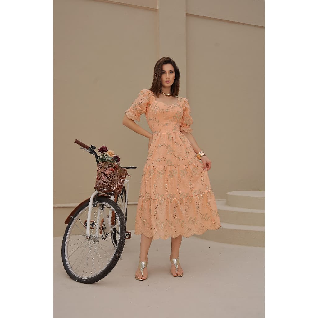 Vestido Midi com Manga Princesa um Clássico em leise leve  elegante da Ester Modas
