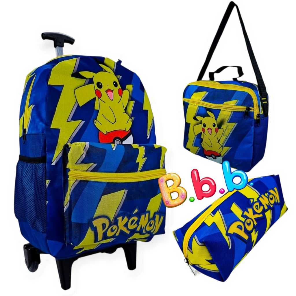 Mochila Rodinha Kit Infantil Menino Pokemon Azul  Estojo e Lancheira