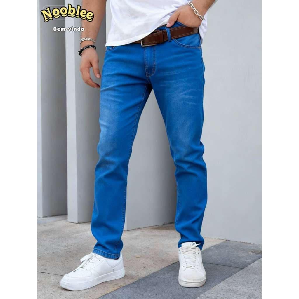 NOOBLEE  Calça Jeans Masculina Corte Reto Jinlon - Azul Clássico Premium com Bolsos Reforçados