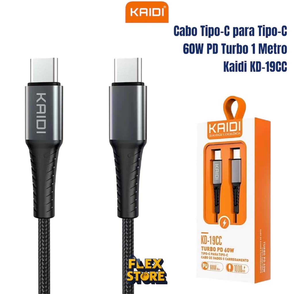 Cabo Carregador Nylon Kaidi KD-19CC Tipo-C para Tipo-C 60W PD Turbo 1 Metro – Carregamento Rápido Reforçado