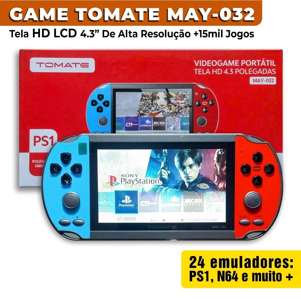 Video Game Portátil Tomate Tela HD LCD 4.3 com Jogos de Ps1, N64 - 64GB MAY-032 +15. mil Jogos