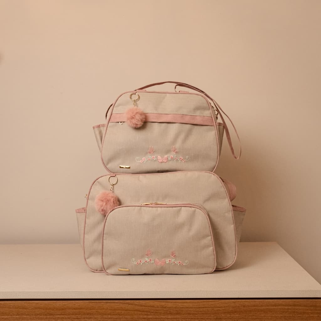 Kit Bolsa Maternidade Garden Bege com Rosa Menina 2 Peças com Frasqueira e Trocador Impermeável