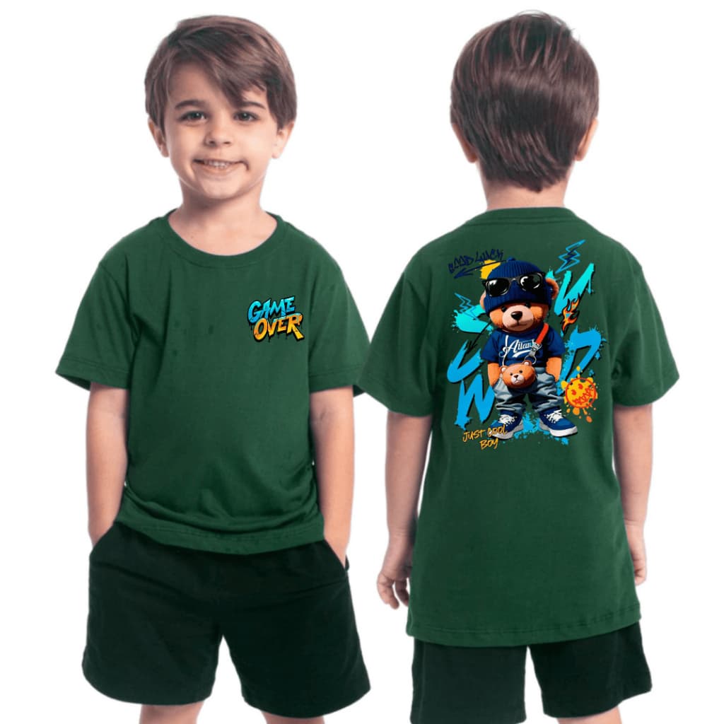 Camiseta Infantil Juvenil para Meninos - Tshirt Urso Estiloso - Camisa Inedita para crianças Estilosas em Alta Qualidade