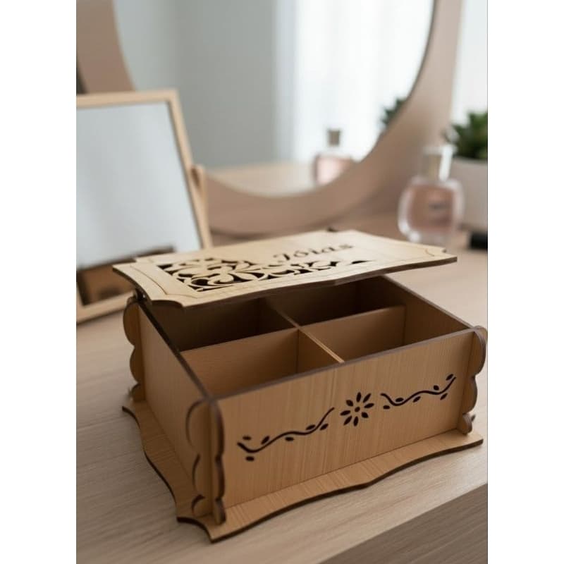 Caixa Porta Joias em MDF Pintada com Encaixe e Tampa Vazado a Laser – Design Floral Artesanal