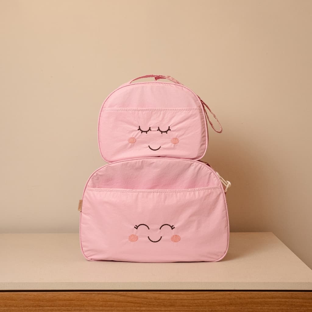 Kit Bolsas Maternidade Smile Rosa Couro Sintético Menina com Frasqueira e Bolso Externo