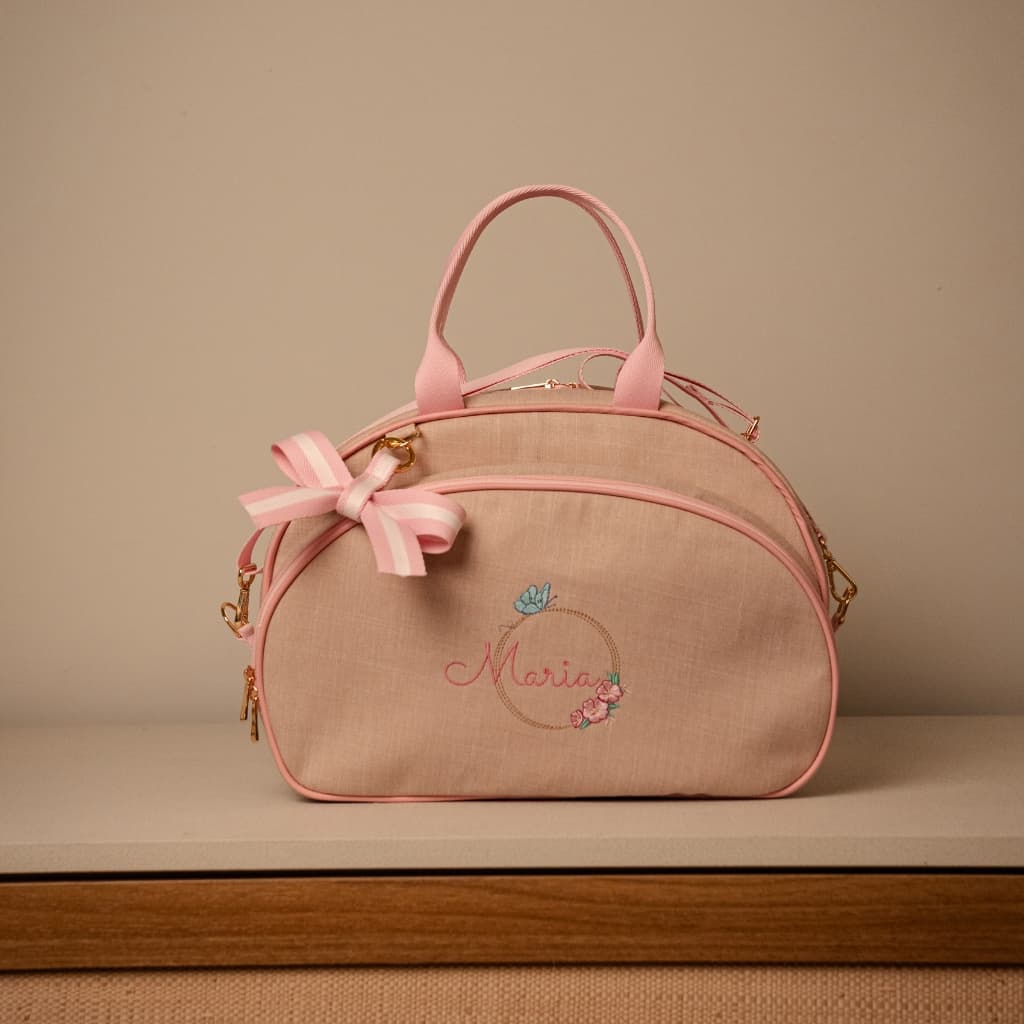 Bolsa Saída Maternidade Aconchego Bordada Rose Alça de Mão e Ombro Exclusiva Para Seu Bebê