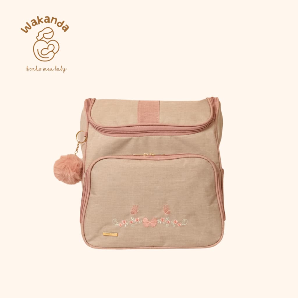 Mochila Saída Maternidade Baby Garden Bege Rosa com Forro Impermeável e Bolso Externo