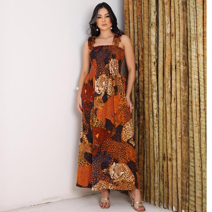 Vestido Longo Feminino Estampado Onça Animal Print com Alça de Babado e Lastex Verão