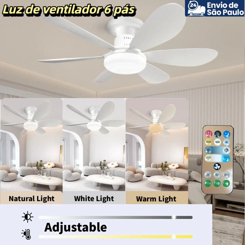Lâmpada Ventilador De Teto, Ventilador Com Luz De 6 Hélices Controle Remoto, E27, Bivolt 110V-220V