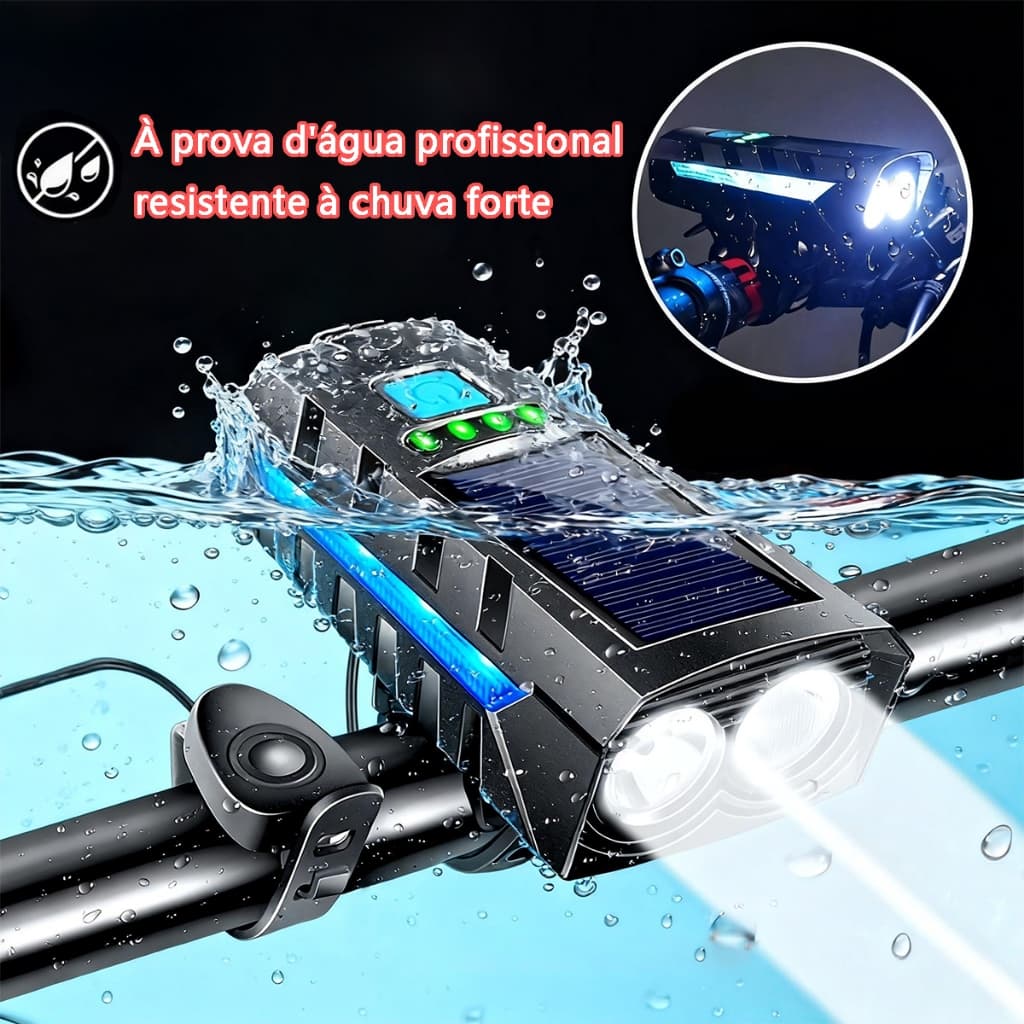 Farol Para Bicicleta Recarregável À Prova D'Água Solar Com Buzina 4000mAh 12H Refletor Led Lanterna Bike