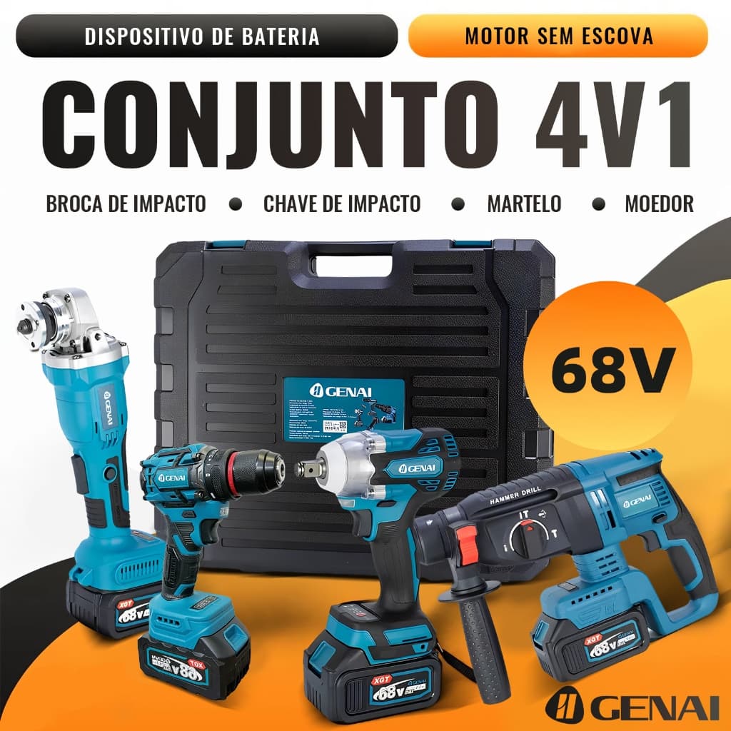 【GENAI】Conjunto 4 em 1 68V / furadeira, chave de fenda / chave de impacto / moedor / martelo + 2 baterias
