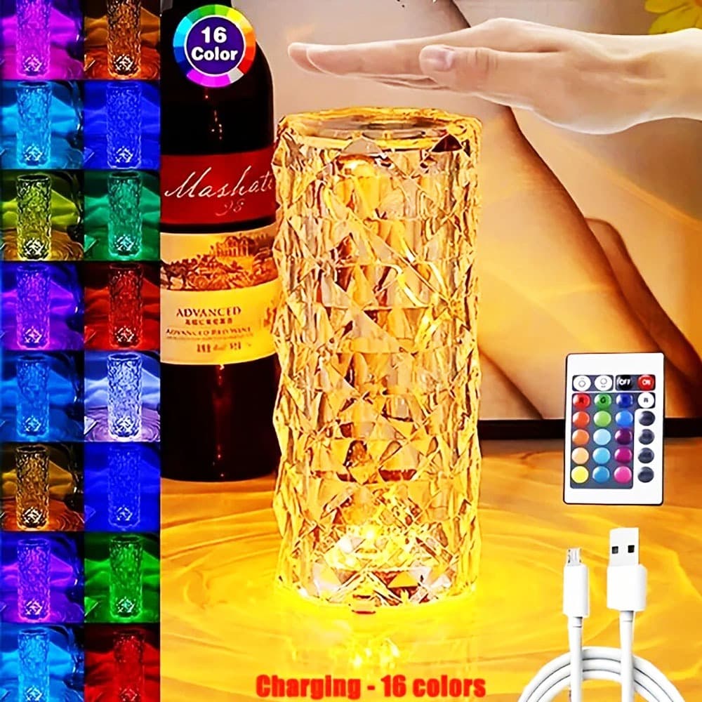 Luminária LED Touch Abajur Cristal Delicado 16 Cores Recarregável Lâmpada De Mesa Projetor De Luz