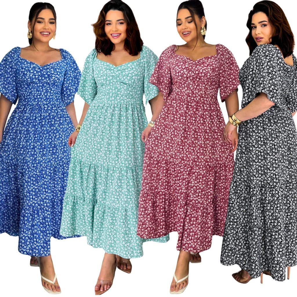 Vestido Feminino Mídi Romântico Estampa Floral Tendencia Moda