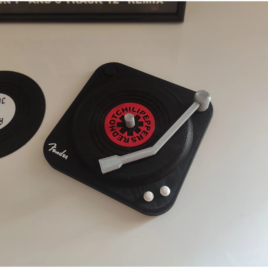 Mini Toca Discos Vitrola Retro com Porta Copos em Formato de Disco de Vinil Bandas Rock Famosas Música Descanso Copos