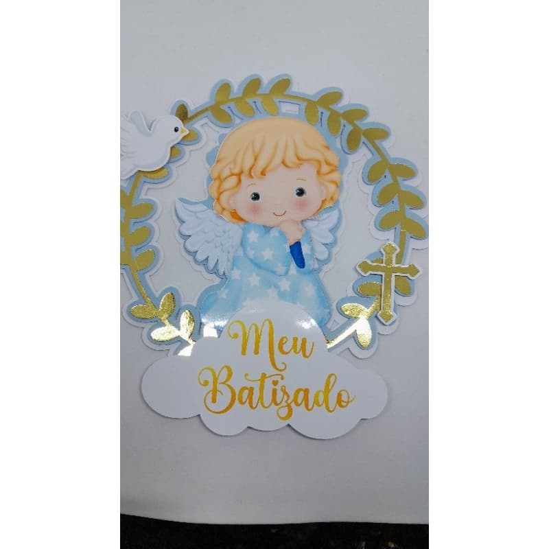 Batizado comunhão eucaristia com nome personalizado anjinho menino cores dourado azul e branco em camadas