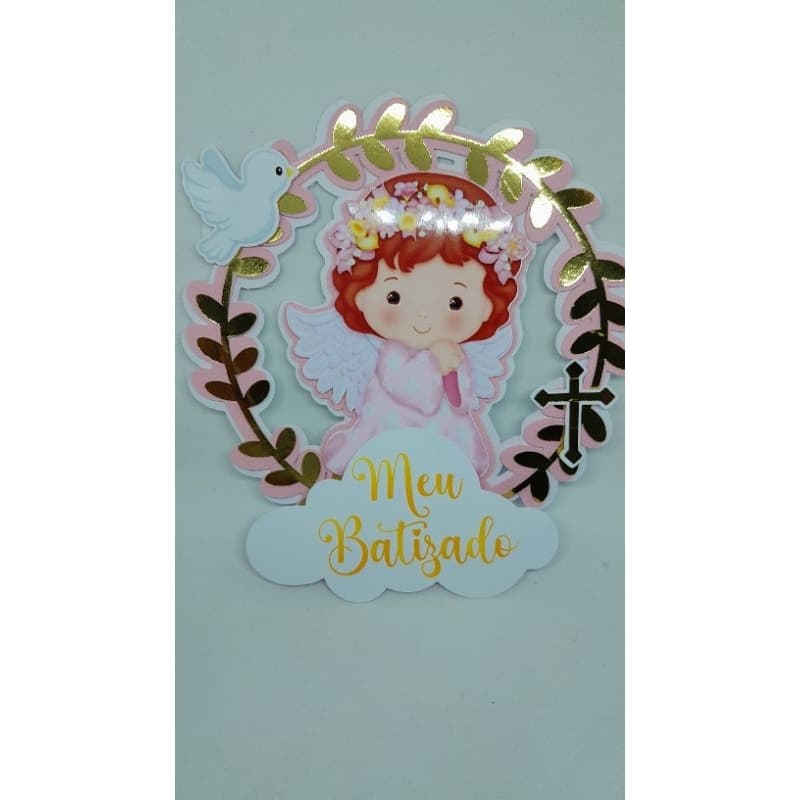 Topo de bolo Batizado com nome comunhão eucaristia anjinho menina cores dourado rosa branco camadas personalizado