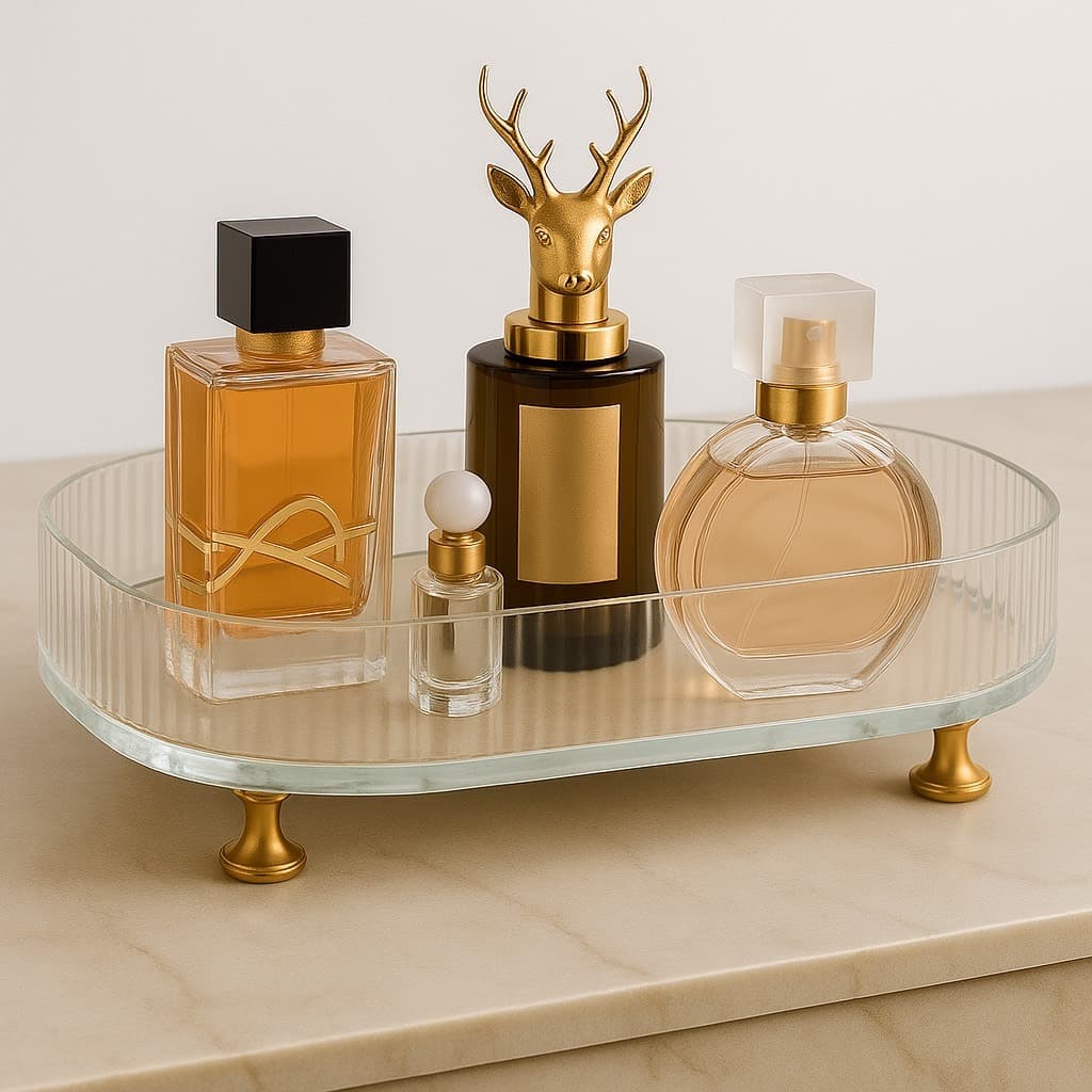 Bandeja de Armazenamento Transparente Multiuso Com Pé Dourado Penteadeira Maquiagem Perfumes