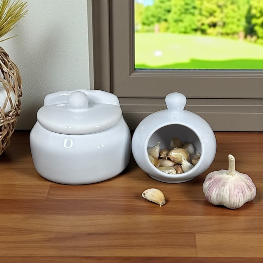 Kit Porta Alho e Saleiro Feito de Cerâmica Para Cozinha