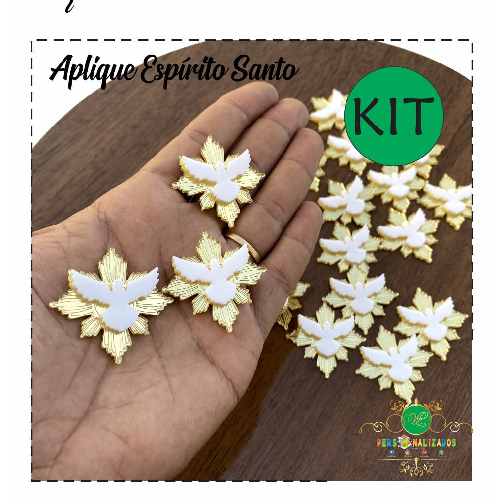 Kit 100 apliques espirito santo Batizado acrílico espelhado 4cm